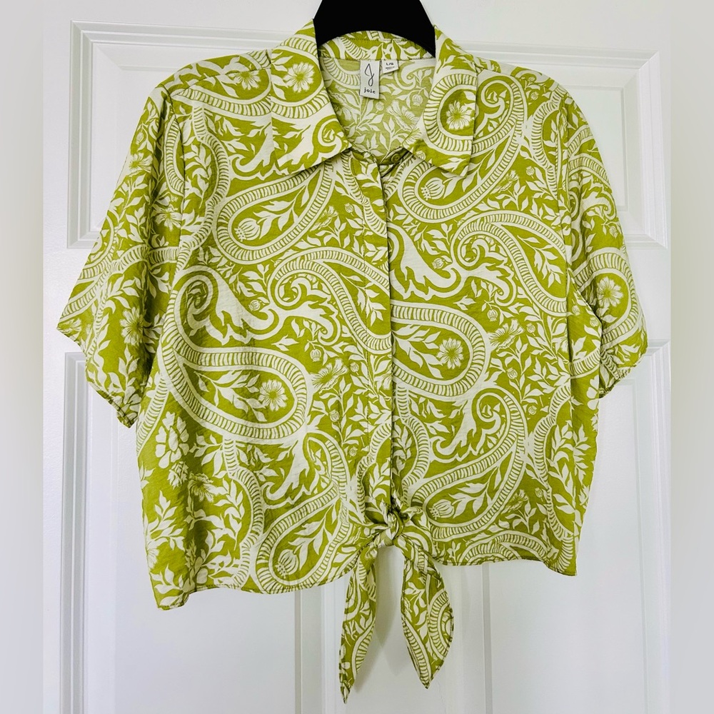 Joie Lime Green Paisley Print Tie-Front Button Down Short Sleeve Shirt